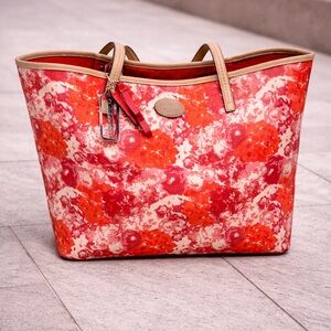 Coach Floral Print Tote in Red and Cream with Tan Trim